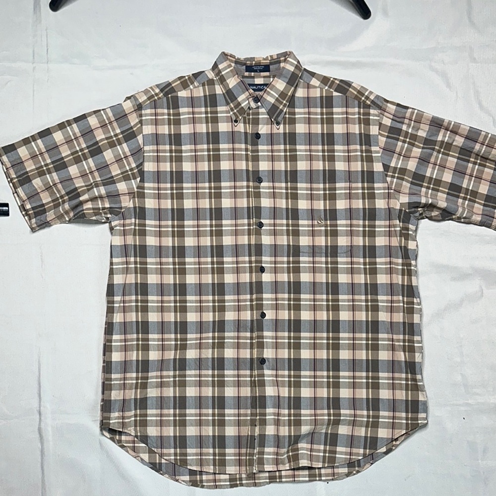 Nautica Beige and Brown Plaid Button Down Shirt